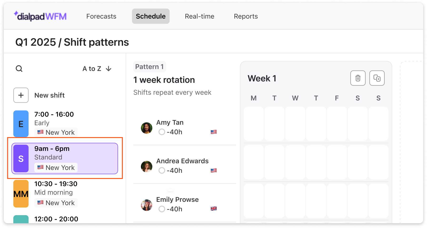 Shift patterns for Q1 2025, highlighting standard shift from 9am to 6pm.